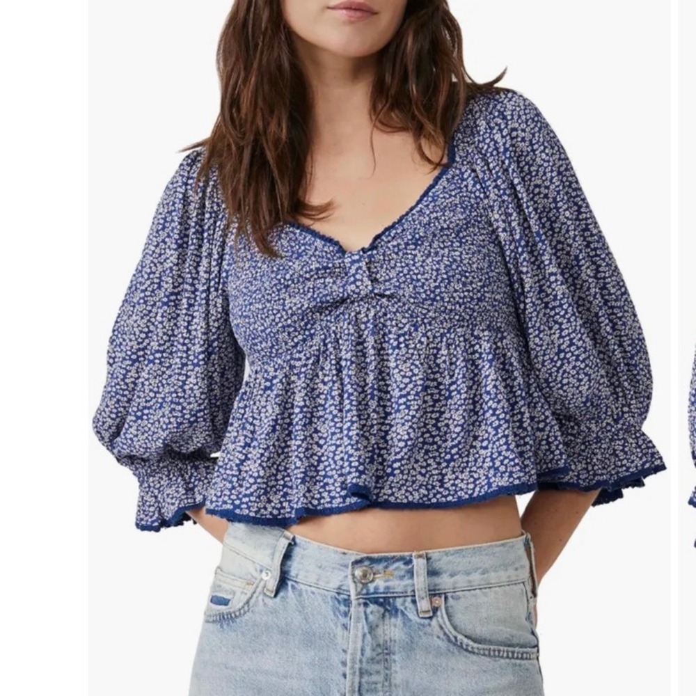 Free People Blue Floral Smocked Peplum Crop Top Balloon Sleeve Small